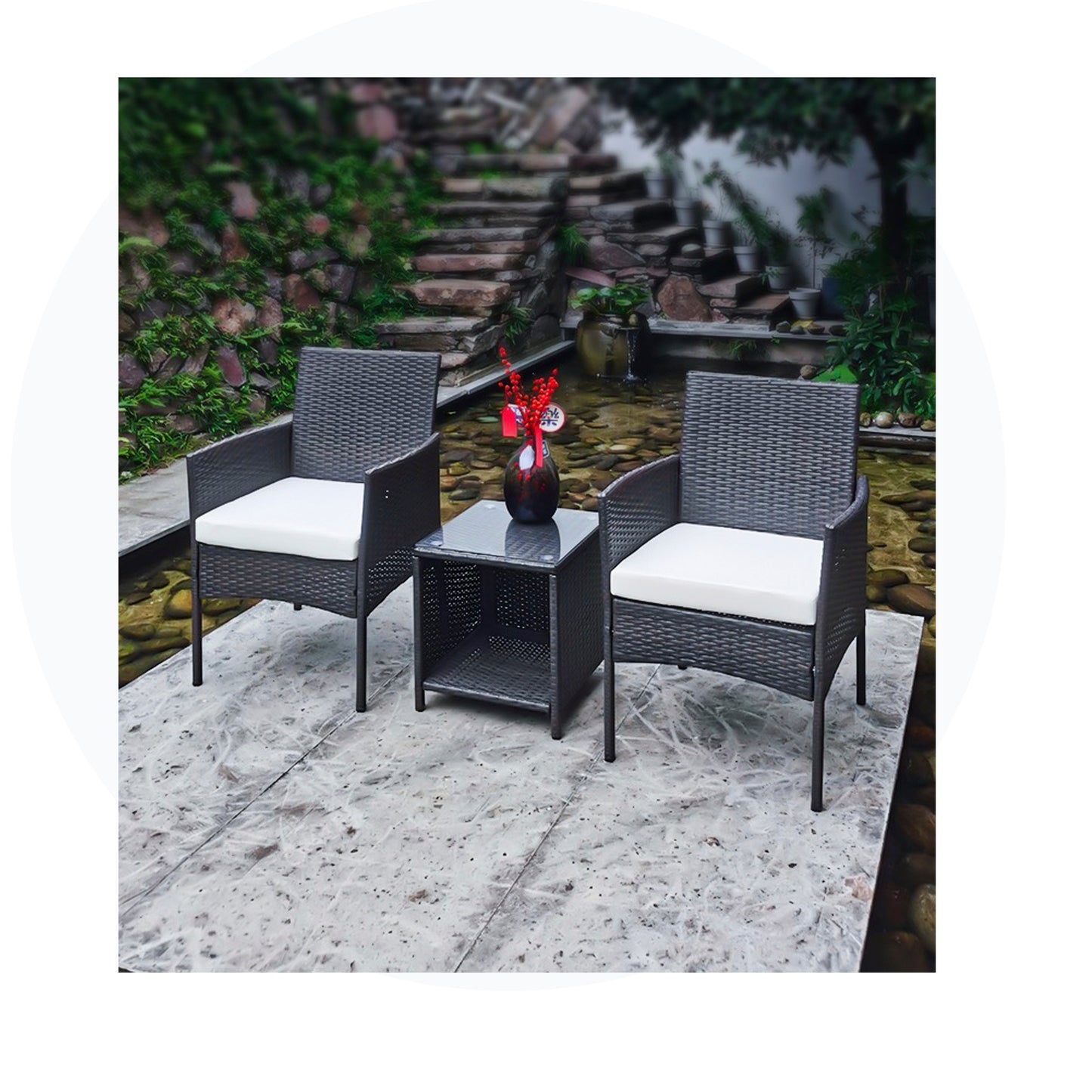 Grey Sofa Set Outdoor Patio Set 3pcs For Two Seat With Storage Table Rattan Wicker KD Frame